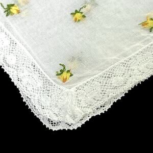 Embroidered White Handkerchief Dainty Yellow Green Floral Hankie Lace Trim Vtg